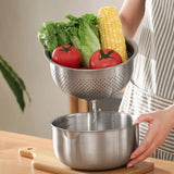 304 Stainless Steel Vegetable Washing Drain Basket Detachable with Markings Rice Washing Basket Double Layer Side Flow Outlet