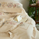 Popxstar  Natural Cotton Linen Vintage French Flowers Embroidery Luxury Bedding Set Duvet Cover Flat/Fitted Bed Sheet Pillowcases 4Pcs