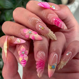 Popxstar 24Pcs Pink Almond False Nails Butterfly Ballet with French Design Wearable Fake Nails Simple Artificial Press on Nails Tips Art