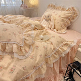 Popxstar  3/4Pcs Korean Princess Style Floral Lace Ruffle 100% Cotton Bedding Set Duvet Cover Bed Skirt/Bed Sheet/Fitted Sheet Pillowcases