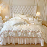Popxstar  4Pcs Pure Cotton French Flowers Lace Ruffles Princess Wedding Bedding Set Duvet Cover Quilted Bedspread Bed Skirt Pillowcases