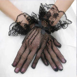 Popxstar Ladies Short Lace Gloves Elegant Sheer Fishnet Black White Prom Party Gloves Solid Color Wedding Bridal Mittens Summer Protector