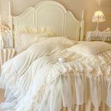 Popxstar  Romantic Lace Ruffles Handmade Beads Velvet Winter Warm Thickened Princess Bedding Set Duvet Cover Bed Skirt Pillowcases 4Pcs