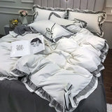 Popxstar Nordic Lace Border Solid Color Bedding Set Bowknot Girl Duvet Cover With Pillowcase Sheet Luxury Comfort Fluffy Queen Full Size