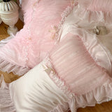 Popxstar  Romantic Lace Ruffles Bow Wedding Bedding Set 800TC Lyocell Silky Cooling Duvet Cover Flat/Fitted Bed Sheet Pillowcases 4Pcs