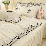 Popxstar Kawaii Seersucker Bedding Set For Girls Princess Bow Ruffle Lace Bed Skirt Skin-Friendly Solid Color Duvet Cover Sets Queen King