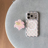 Cute Pink Polka Dot lily flower Magnetic Phone Case for iPhone 13 14 15 16 17ProMax Shockproof Wireless Charge Cover for Magsafe