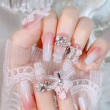 Popxstar Blush Pink False Nails Bowknot Diamond Pearl 3D Design Press on Nail Tips with Harmless Smooth Edge Nails Woman DIY Fake Nails