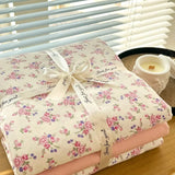 Popxstar  Ins floral print Bedding set knitted cotton Flat sheet set Four pieces duvet cover double layer-yarn 4Pcs lovely Fitted sheet