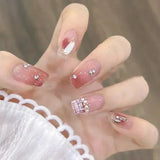 Popxstar 24Pcs Three-dimensional Love Heart False Nails with French Design Long Coffin Wearable Fake Nails Rhinestone Press on Nails Tips