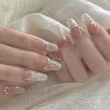 Popxstar 24Pcs White Almond False Nails Ballet with French Design Wearable Fake Nails Gradient Simple Full Cover Press on Nail Tips Art