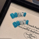 10pcs Sweet Cool Press on Nails Blue Cat Eye False Nails 3D Silver Star Fake Nails Glitter Rhinestone Nail Art Short Coffin Nail