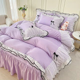 Popxstar Kawaii Seersucker Bedding Set For Girls Princess Bow Ruffle Lace Bed Skirt Skin-Friendly Solid Color Duvet Cover Sets Queen King
