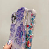 Retro Oil Painting Phone Case For IPhone 16 15 14 13 12 11 Pro Max Luxury Laser Oil Painting Flowers Print Shockproof Cover