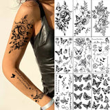 Popxstar Black Flower Tattoo Stickers for Hand Arm Waterproof Temporary Tattoos for Women Butterfly Fake Tattoo Sleeve Tatoos Girls