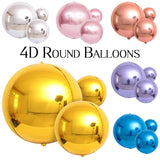 Popxstar 3pcs 4D Round Balloons Metallic Rose Gold Silver Foil Balloons Party Decorations for Birthday Wedding Gender Reveal Photo Props