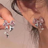 Popxstar Shiny Y2K silver Color Bowknot Zircon Earrings for Women Delicated Kpop Pink Crystal Sweet Cool Girl Star Stud Earring Jewelry
