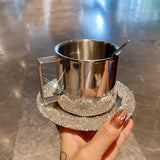 Popxstar  Rhinestone Coffee Cup Set with Saucers Shimmering Stainless Steel Insulated Mugs  Dessert Plates for Americano Latte Cafe Gift