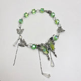Popxstar  Y2K Hot Girl Green Butterfly Necklace Imitation Crystal Beaded Tassel Collarbone Chain Exquisite Fashionable Neckband Girls Gift