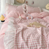 Popxstar Korean Princess Style Lattice Double Layer Lace Bedding Set Soft Quilt Cover Plaid Style Duvet Covers Set Bed Sheet Pillowcases