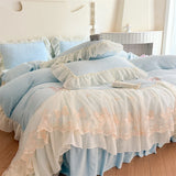 Popxstar  Butterfly Embroidery Lace Ruffles Princess Bedding Set Warm Velvet Duvet Cover Bed Sheet/Bed Skirt/Fitted Sheet Pillowcases 4Pcs