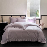 Popxstar  Flowers Embroidery Ruffles Purple Luxury Bedding Set 1000TC Egyptian Cotton Duvet Cover Flat/Fitted Bed Sheet Pillowcases 4Pcs