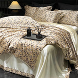 Natural Silk Bedlinens Bedding Set Nordic Flower Printed Duvet Cover Set Couple Double King Queen Size Soft Bed Sheet Pillowcase