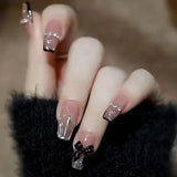 Popxstar 24pcs Red Ballet False Nails Butterfly Fake Nail Glitter Short with Rhinestone French Design Full Cover Press on Nails Tips Art