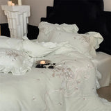 Popxstar  lily of the valley Embroidery Ruffles Princess Bedding Set Velvet Warm Winter Duvet Cover Flat/Fitted Bed Sheet Pillowcases 4Pcs