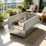 Large High-Sided Stainless Steel Cat Litter Box with Spoon for Small to Medium Sized Kittens Open Cats Litter Pan Easy Clean