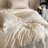 Popxstar  Romantic White Flowers Lace Princess Wedding Bedding Set 100S Egyptian Cotton Duvet Cover Flat/Fitted Bed Sheet Pillowcases 4Pcs