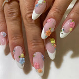 Popxstar  24Pcs White French Tips Fake Nails Nude Pink Almond Press On Nails Charms 3D Flower Designs Sweet Girls Full Cover False Nails