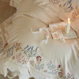Popxstar  Natural Cotton Linen Vintage French Flowers Embroidery Luxury Bedding Set Duvet Cover Flat/Fitted Bed Sheet Pillowcases 4Pcs
