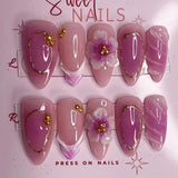 24pcs Red Cat Eye Press on Nails Pearl Heart Stick on Nails Bow French Fake Nails Sweet Cute Flower Nail Almond 3D False Nail