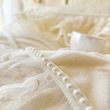 Popxstar  Romantic Lace Ruffles Handmade Beads Velvet Winter Warm Thickened Princess Bedding Set Duvet Cover Bed Skirt Pillowcases 4Pcs