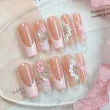 Popxstar  10pcs Handmade Fake Nails Art Flower Butterfly Design False Nail Tips Pink French Long Square Press on Nails Diamond Manicure