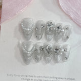 Popxstar  10Pcs French Almond Handmade Press on Nails Fake Nails with Cherry Pattern Wearable Stick-on Nails False Nail