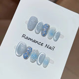10pcs Short Almond False Nails Blue Gradient Fake Nails Hand Painted Flowers Pearl Stick on Nails Shiny Cat Eye  Press on Nail