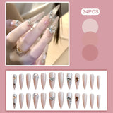 popxstar 24Pcs Stiletto Press on Nails Long Almond Nude Color Fake Nails Shiny Cat's Eyes Diamond Designs Bride Wedding False Nails