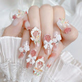 Popxstar Blush Pink False Nails Bowknot Diamond Pearl 3D Design Press on Nail Tips with Harmless Smooth Edge Nails Woman DIY Fake Nails