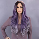 Popxstar Long Wavy Middle Part Wig Purple Natural Wigs for Women Heat Resistant Ombre Purple Gray Wig Daliy Party 28 Inch Synthetic Wigs