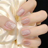 Popxstar 24Pcs Solid Color Grey Almond Fake Nail Cat's Eye Design Wearable Round Head False Nails with Shiny Powder Press on Nails