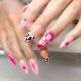 popxstar 24Pcs Pink French Style Fake Nails 3D Bowknot Designs Short Square Press on Nails Sweet Korean Fashion False Nail for Women Girl