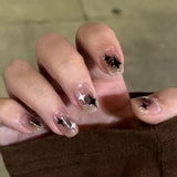 popxstar French White Tips Almond False Nails Y2K Black Star Designs Charm Fake Nail Full Cover Ballet Press on Nails Artificial Manicure