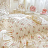 Popxstar  Floral Lace Ruffles 100% Cotton Double Yarn Soft Bedding Set Duvet Cover Quilted Bedspread Bed Skirt Bed Sheet Set Pillowcases