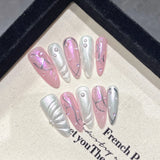 Popxstar Handmade Press on Nails Blue Aurora Mermaid Fake Nail Patches Wearable Detachable French Pearl Almond False Nail Tips 10pcs