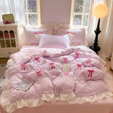 Korean Style Bedding Sets Pink Grid Bow Quilt Cover Romantic Bed Sheet Sets Woman Girls Bedroom Duvet Cover 4pcs