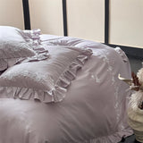Popxstar  Flowers Embroidery Ruffles Purple Luxury Bedding Set 1000TC Egyptian Cotton Duvet Cover Flat/Fitted Bed Sheet Pillowcases 4Pcs