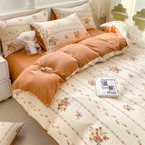 Popxstar Korean Retro Floral Bedding Set 100% Washed Cotton Bed Sheets Set Soft Duvet Cover Bed Linen Pillowcase Single Double Queen King