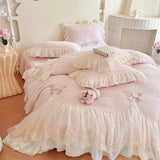 Popxstar  Butterfly Embroidery Lace Ruffles Princess Bedding Set Warm Velvet Duvet Cover Bed Sheet/Bed Skirt/Fitted Sheet Pillowcases 4Pcs